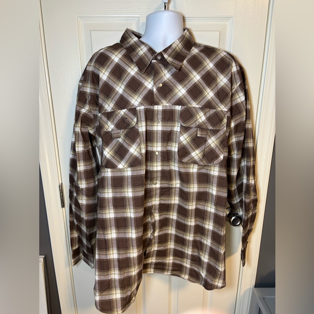 Brown and cream plaid flannel shirt by Haband Travelers with snaps-size 3x